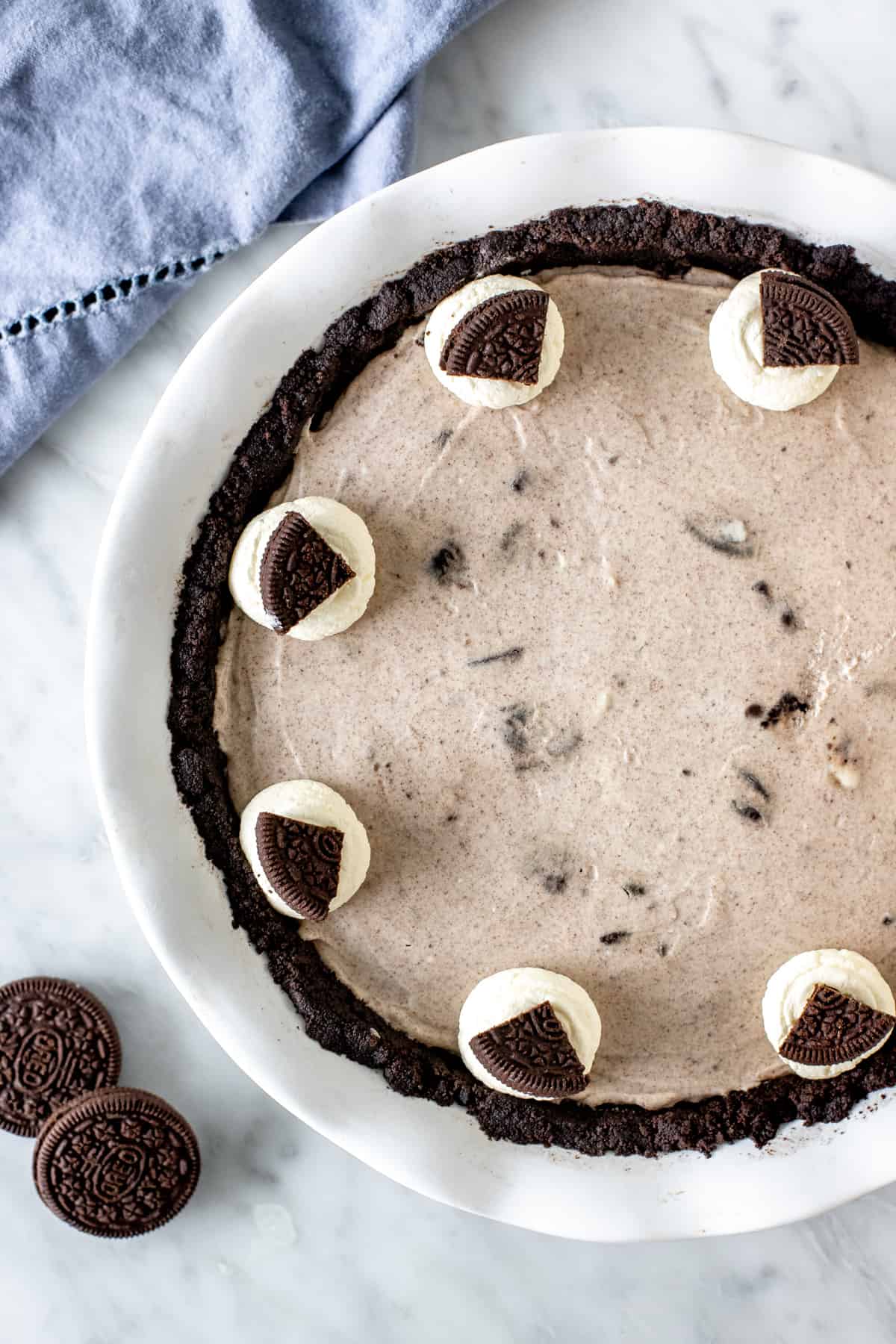 Cookies and Cream Pie in a pie plate.