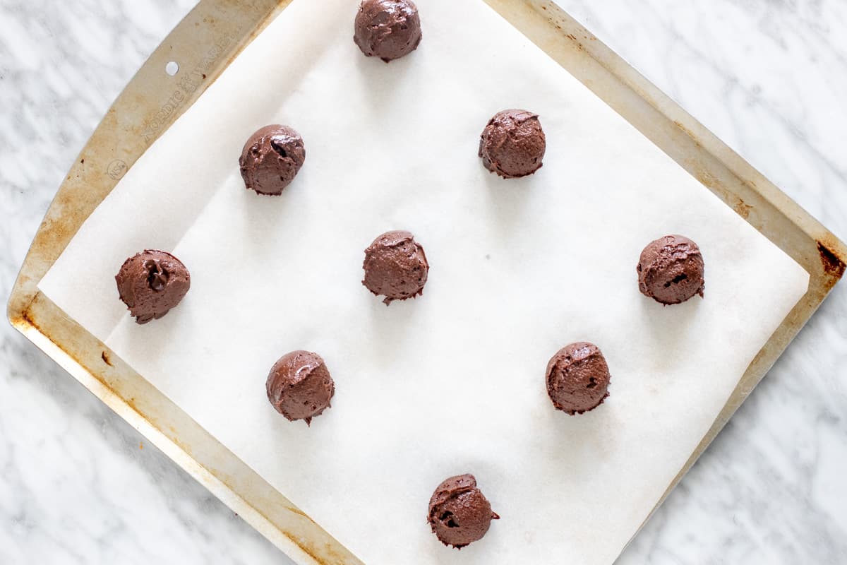 Tray of chocolate cookie dough balls.