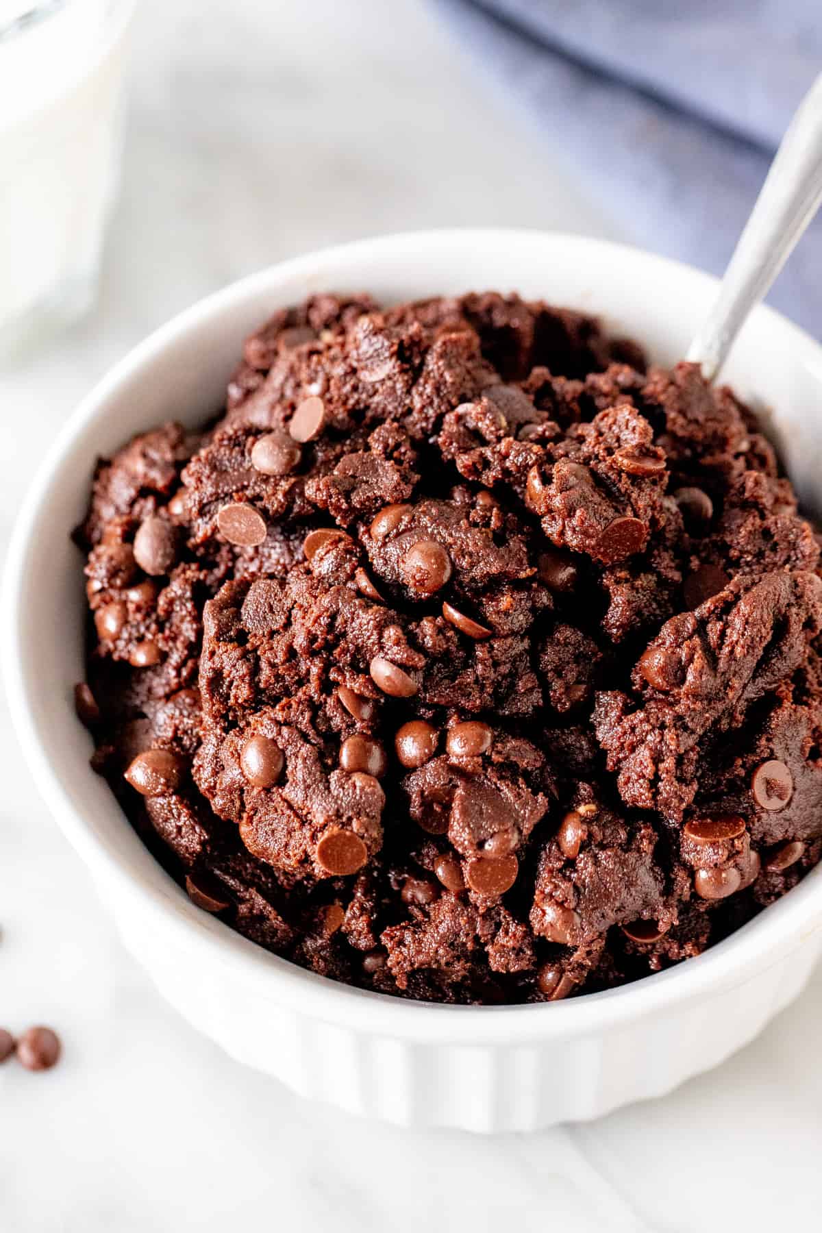 Bowl of edible brownie batter with mini chocolate chips