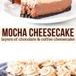 Collage of 2 photos of mocha cheesecake