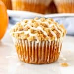 Pumpkin streusel muffin with a drizzle of glaze