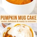 Collage of 2 photos of a pumpkin mug cake