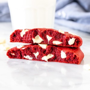 Red velvet cookie for one, broken in half