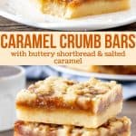 Collage of 2 photos of caramel crumb bars