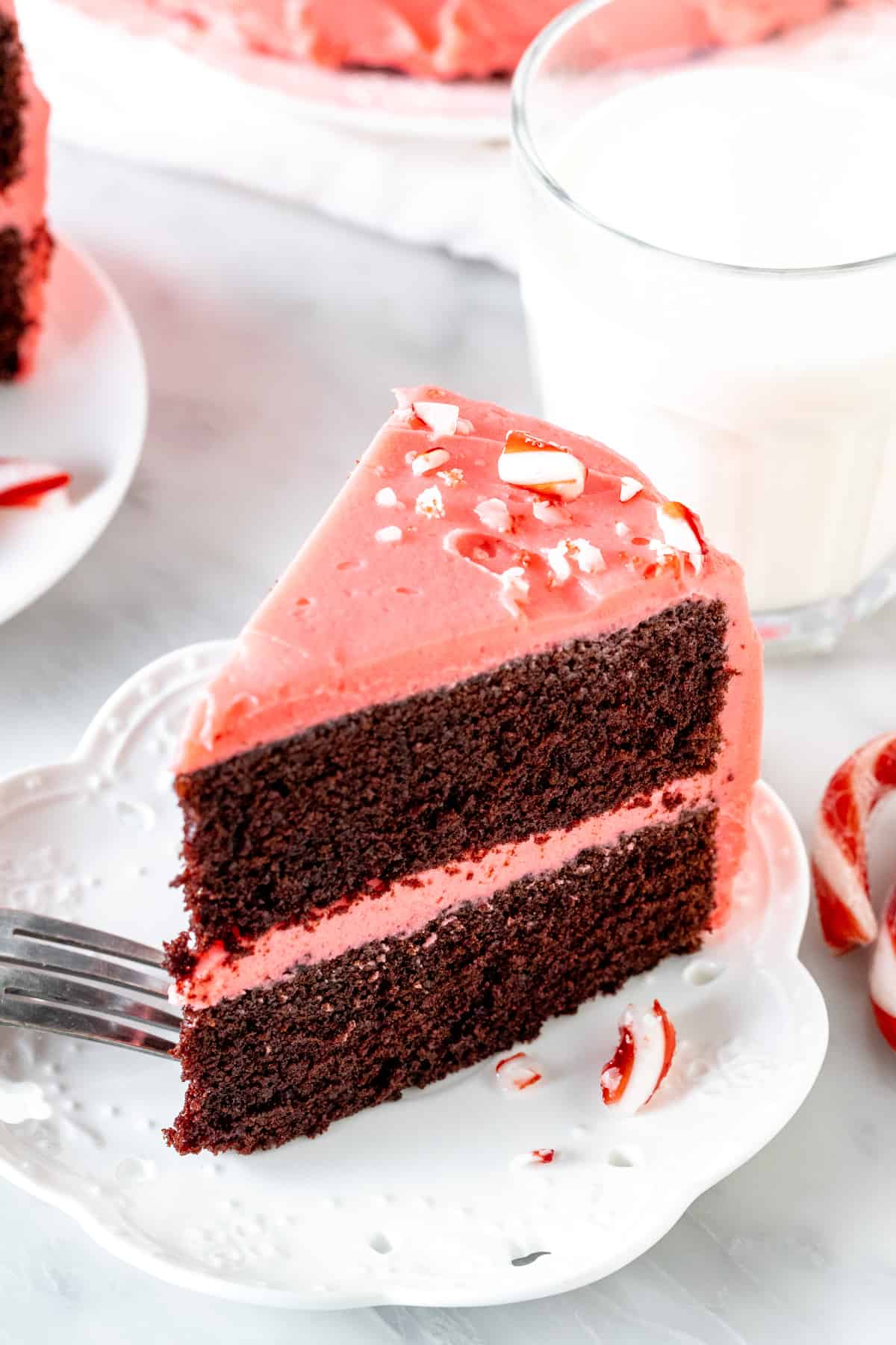 Slice of chocolate peppermint cake with a glass of milk