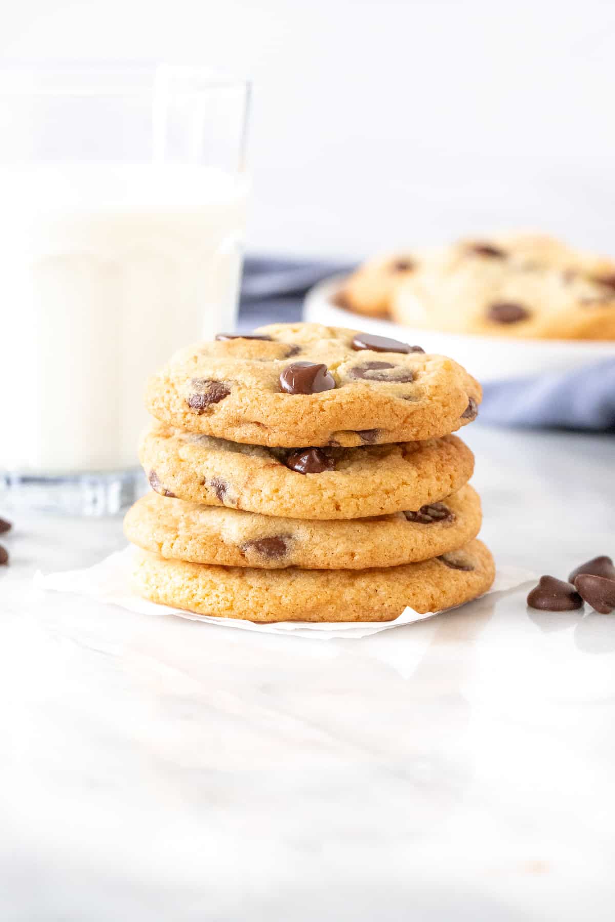 Stack of chocolate chip cookies made without brown sugar