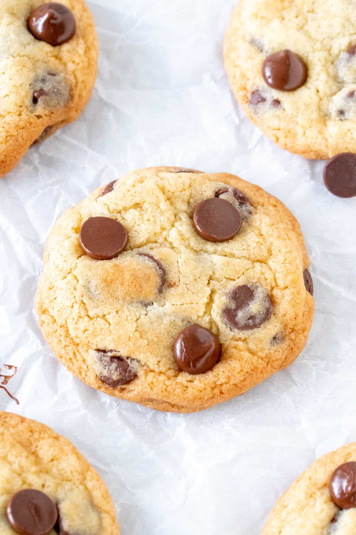 Chocolate chip cookie without brown sugar on parchment paper.