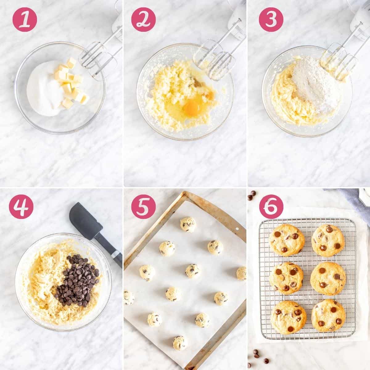 Collage of 6 step-by-step photos making chocolate chip cookies