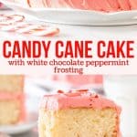 Collage of 2 photos of candy cane cake