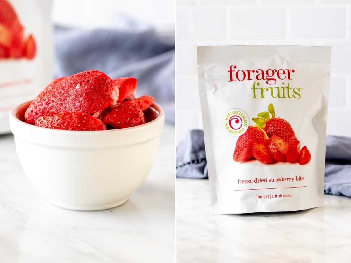 2 photos of freeze-dried strawberries
