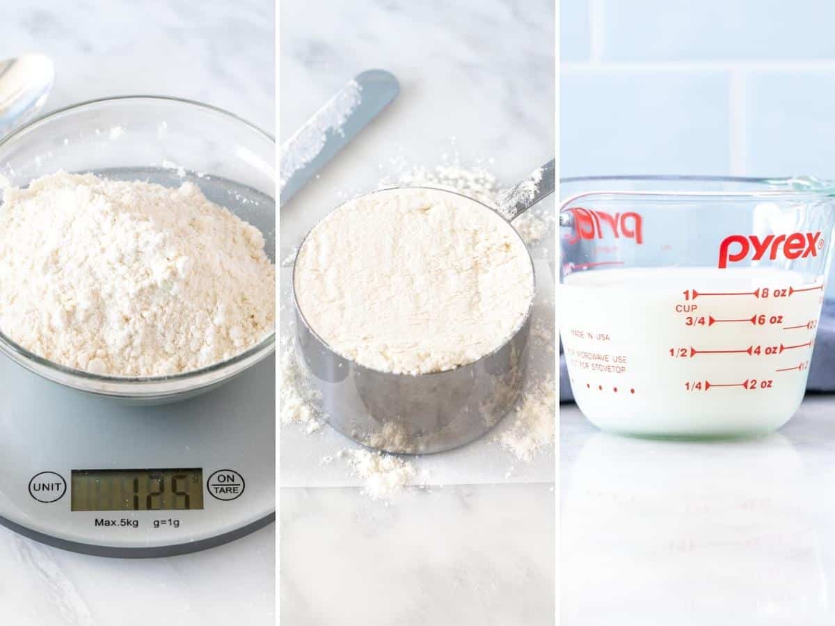 Collage of 3 photos, showing how to measure ingredients