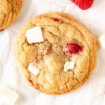 White chocolate raspberry cookie on baking paper