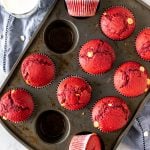 Pan of red velvet muffins