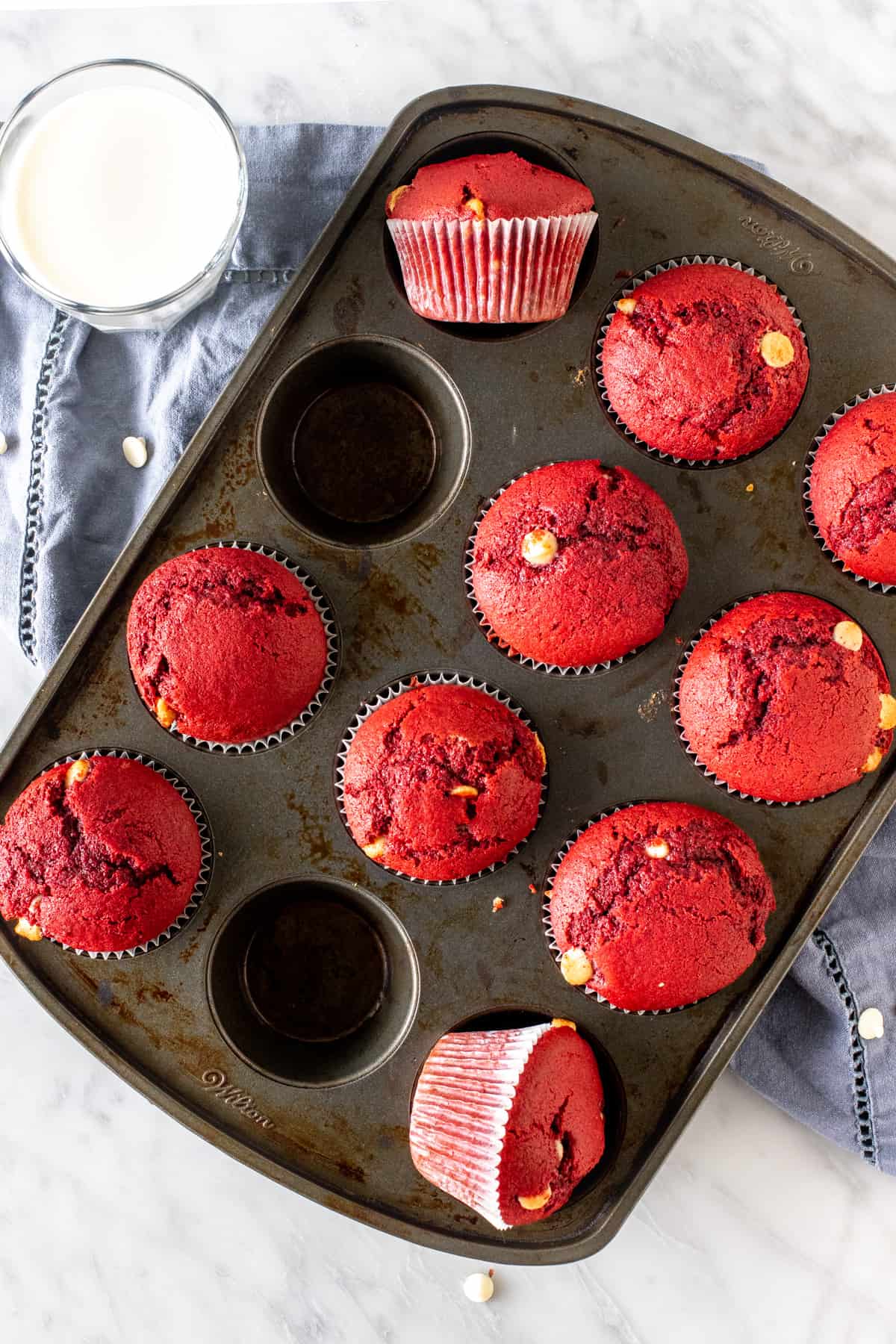 Pan of red velvet muffins