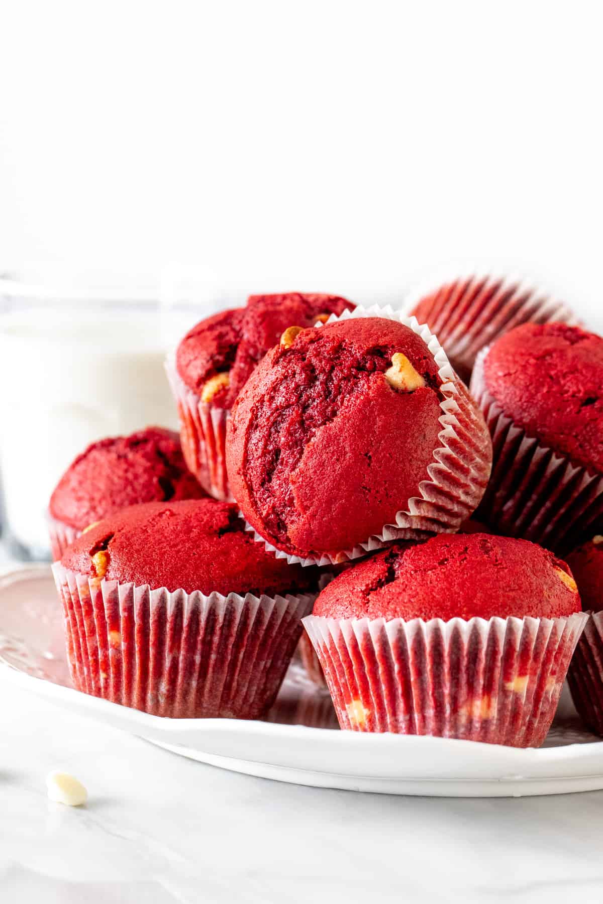 Plate of red velvet muffins