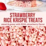 Collage of 2 photos of strawberry rice krispie treats