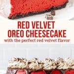 Collage of 2 photos of red velvet Oreo cheesecake