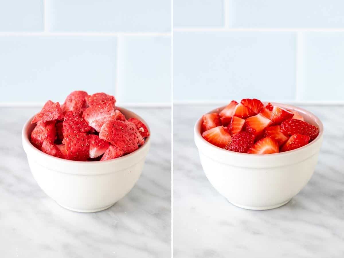 Collage of a bowl of freeze dried strawberries & fresh berries.