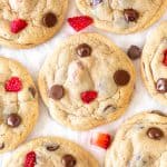 Strawberry chocolate chip cookies on baking paper