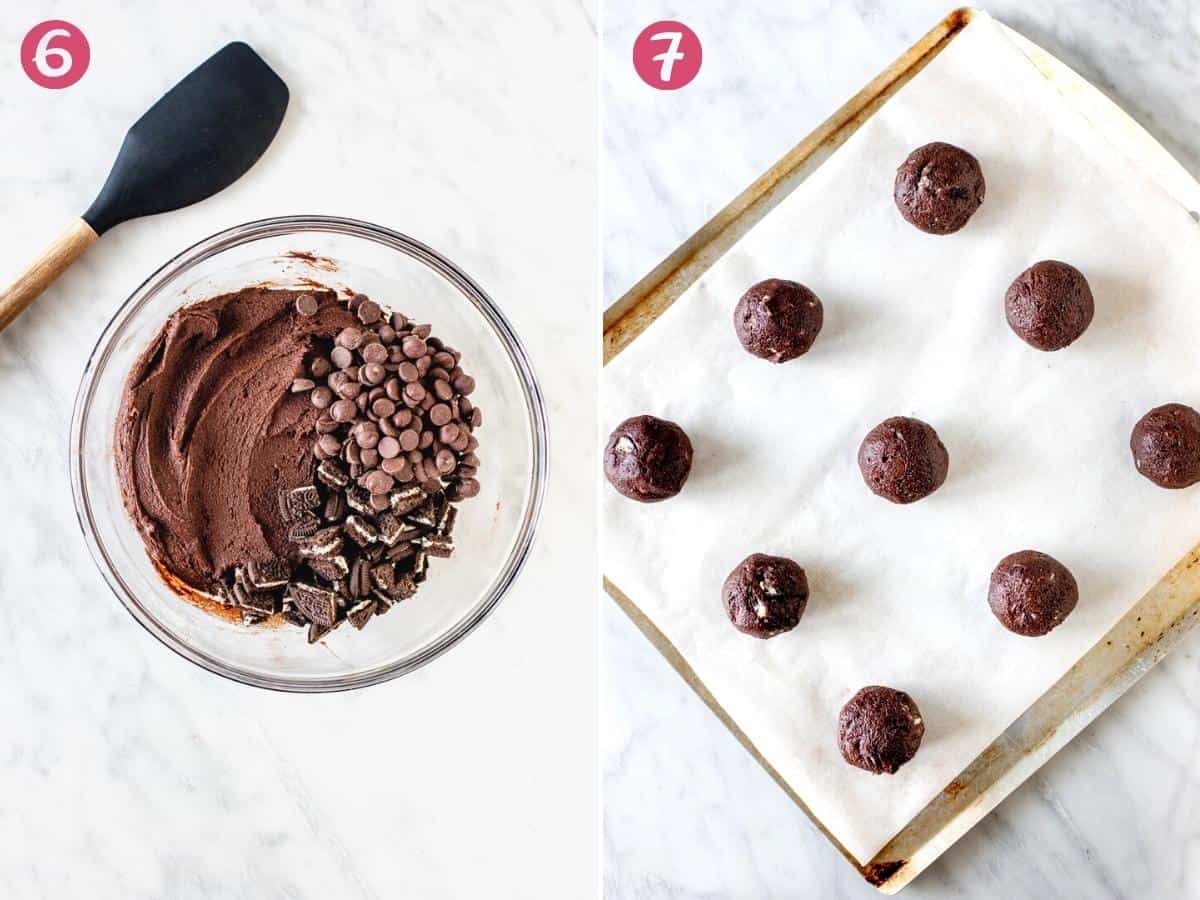 Bowl of chocolate cookie dough, and lined cookie sheet with 9 cookie dough balls