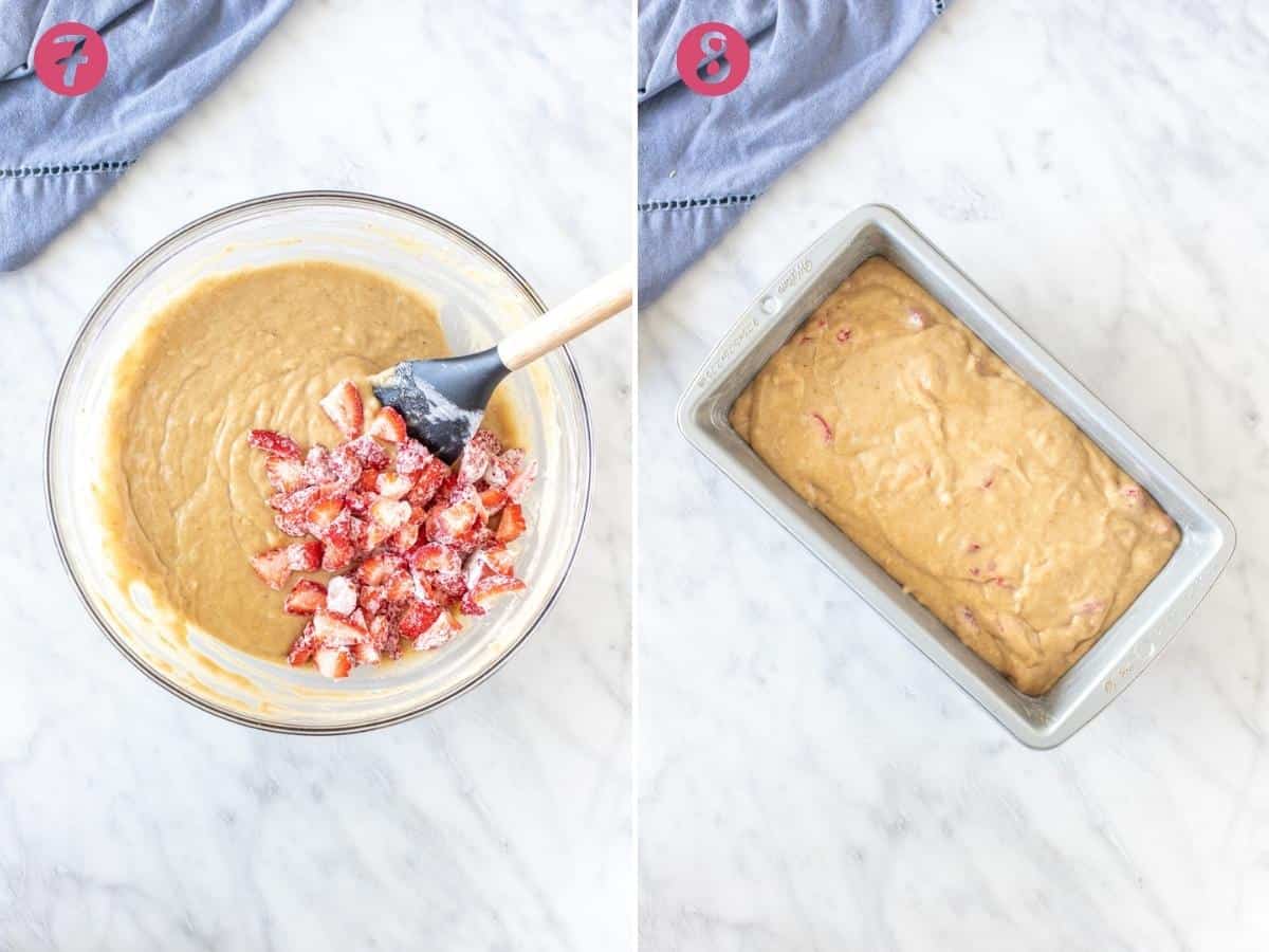 Banana bread batter with chopped strawberries, and banana bread batter in the pan.