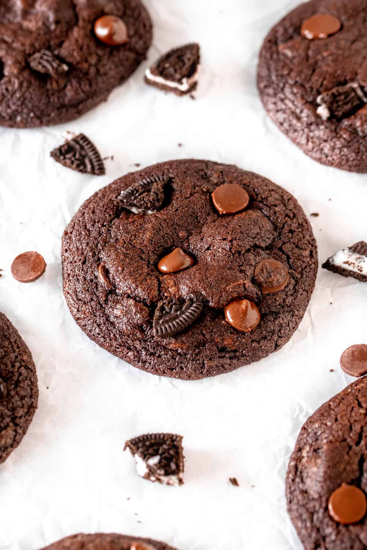 Chocolate Oreo cookies on baking paper