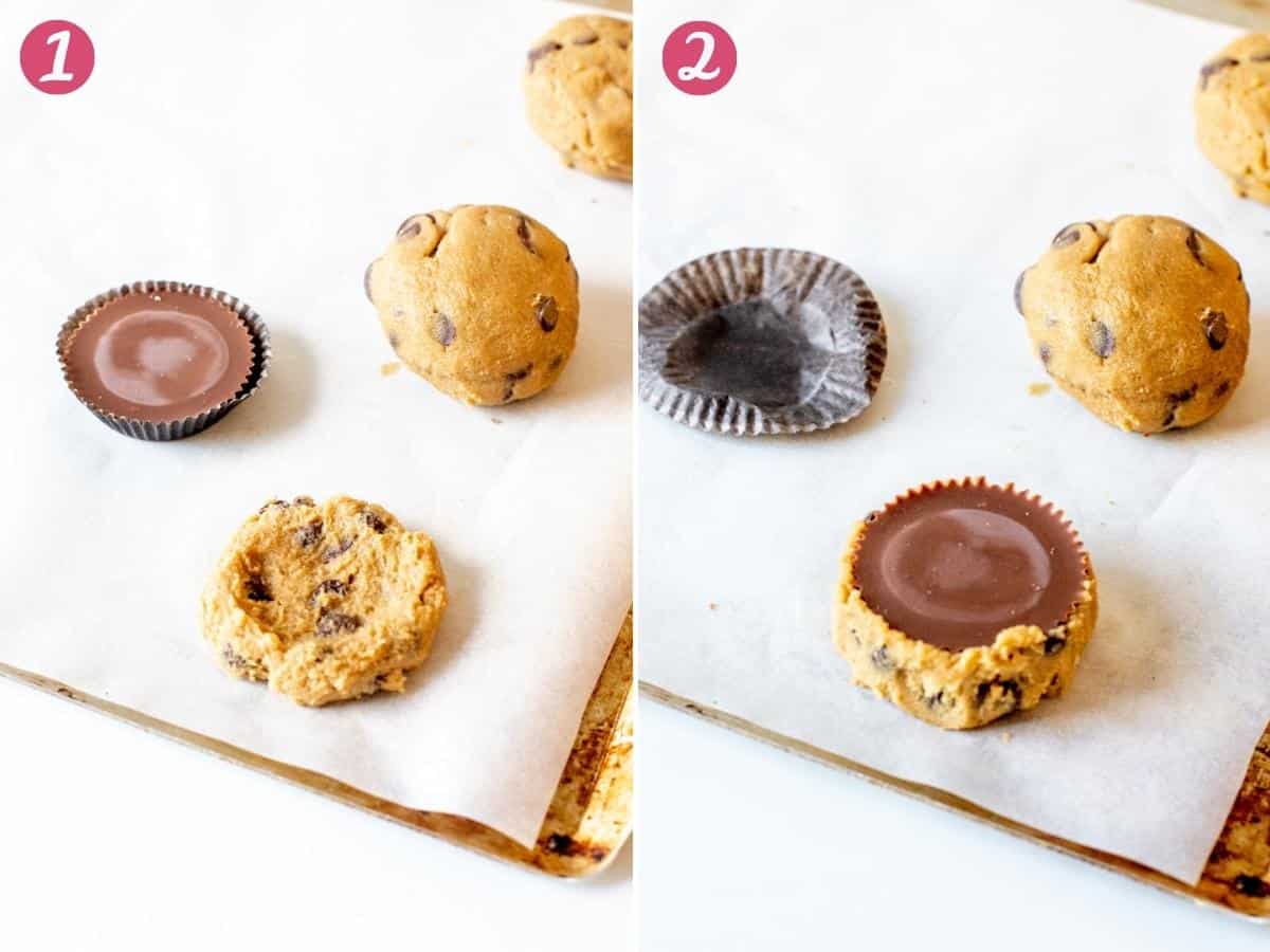 2 steps of making peanut butter cup stuffed cookies