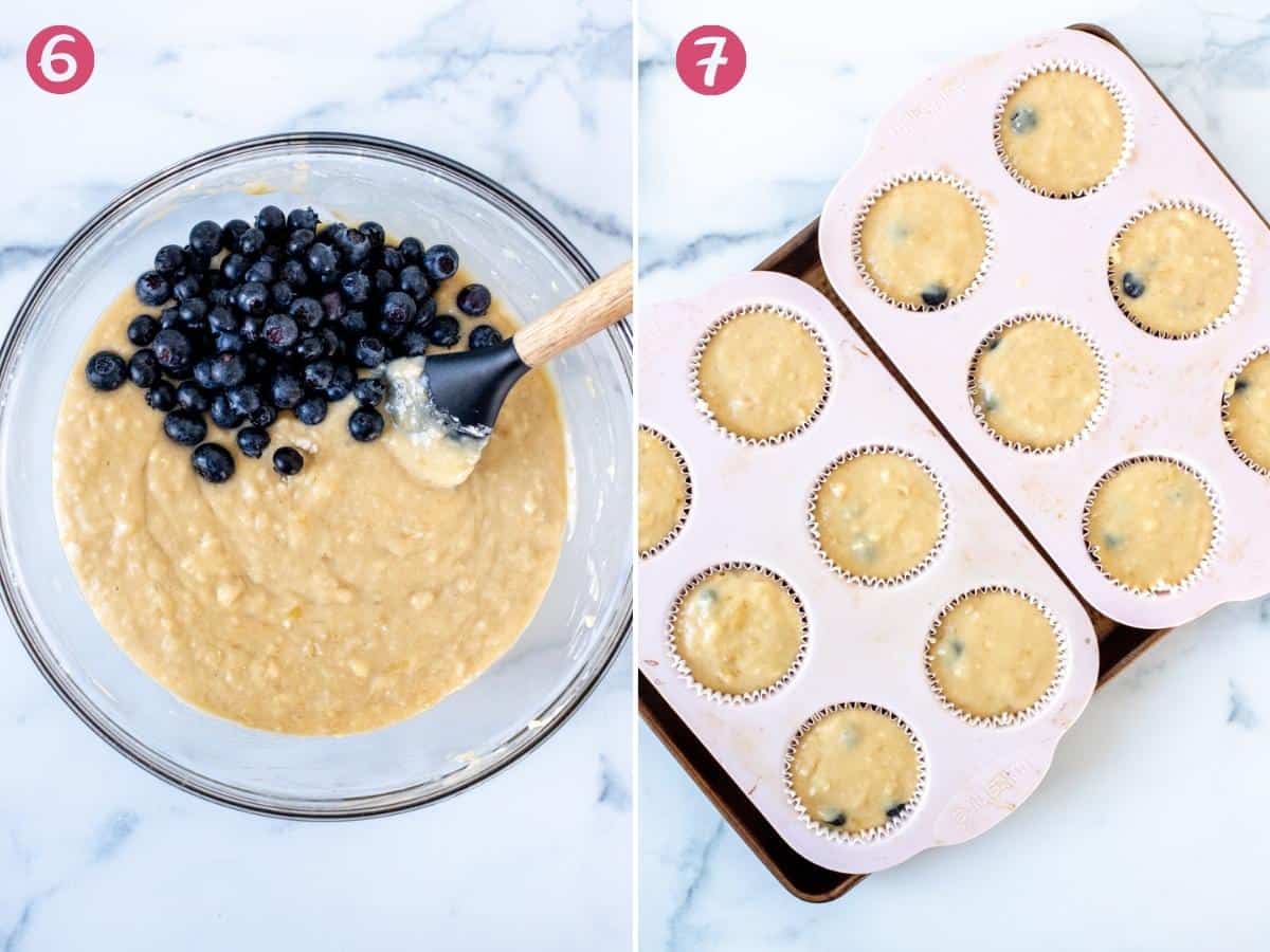 Bowl of banana blueberry muffin batter, and muffin tins filled with muffin batter