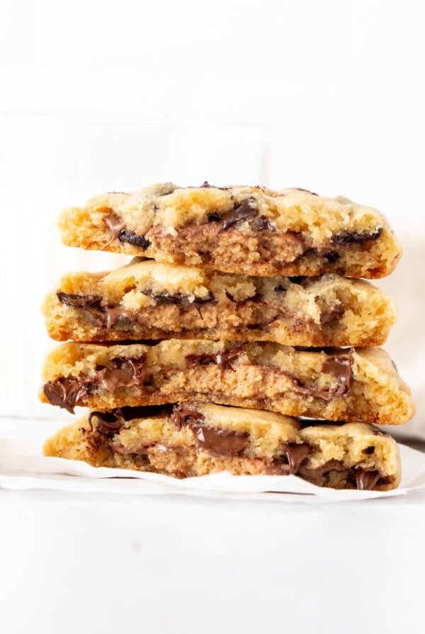 Stack of Reese's stuffed cookies, broken in half