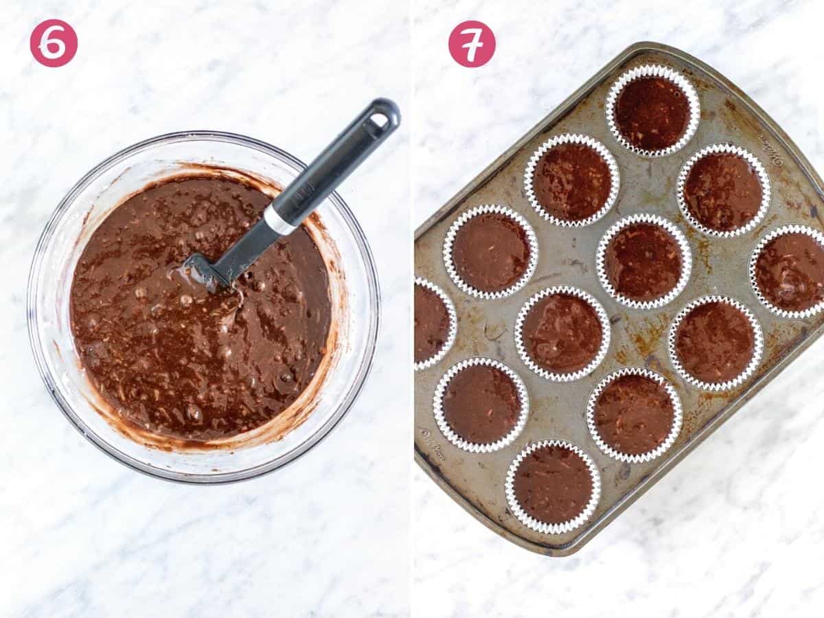Bowl of chocolate cupcake batter and muffin tin filled with chocolate cupcake batter