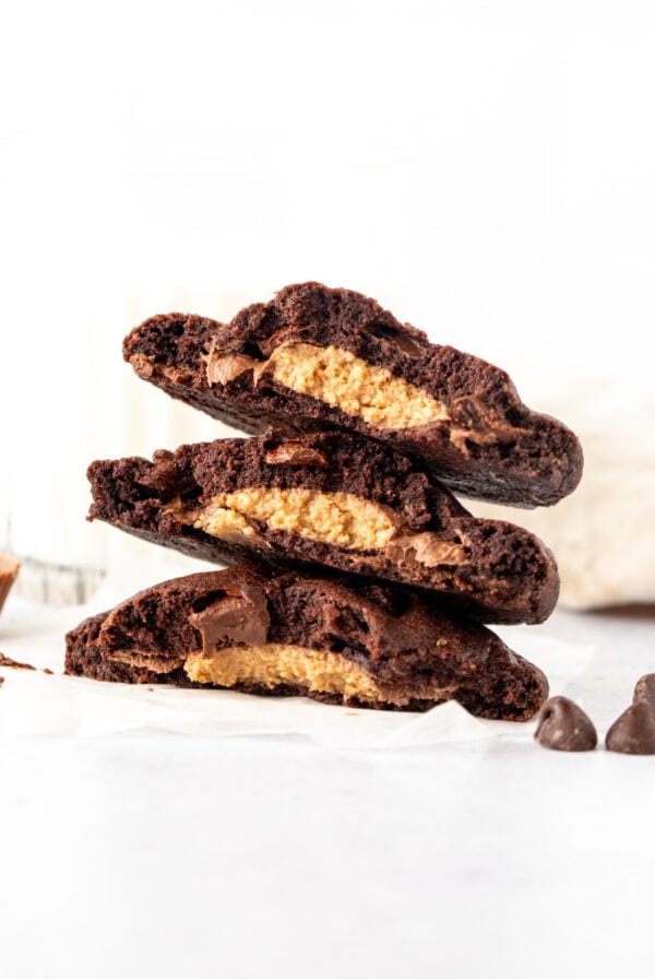 Stack of peanut butter cup stuffed chocolate cookies