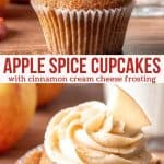These apple cupcakes with cream cheese frosting have warm spices, grated apple and moist cupcake crumb. They're topped with cinnamon cream cheese frosting which pairs perfectly with the apple cinnamon flavor and isn't too sweet. They're the perfect cupcake for apple season! #apple #applespice #fall #creamcheesefrosting #cinnnamoncreamcheesefrosting #applecinnamon #apple #baking #cupcakes from Just So Tasty