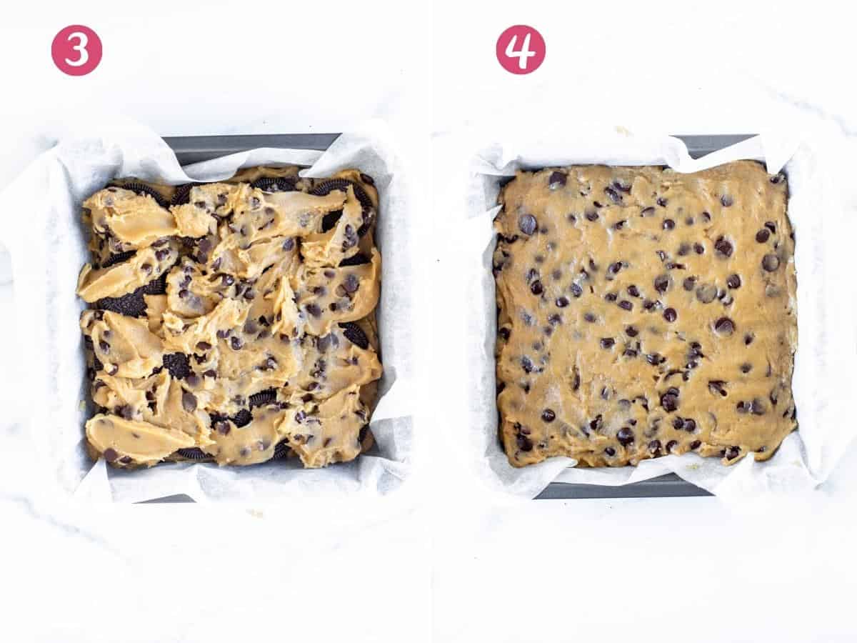 2 photos of a pan of unbaked cookie bars