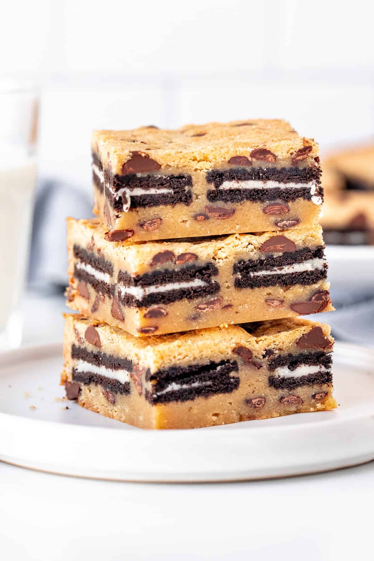 Stack of 3 Oreo stuffed chocolate chip cookie bars
