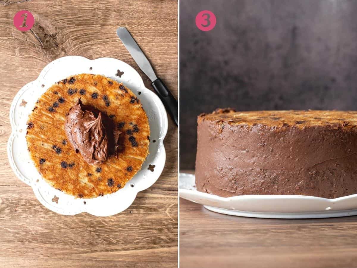2 photos of how to frost a layer cake
