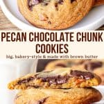 These pecan chocolate chip cookies are packed with flavor thanks to brown butter, a hint of cinnamon and chunks of dark chocolate. The brown butter gives a delicious nutty caramel flavor that makes these cookies so addictive. They're chewy with slightly crispy golden edges for the perfect bakery-style texture. 