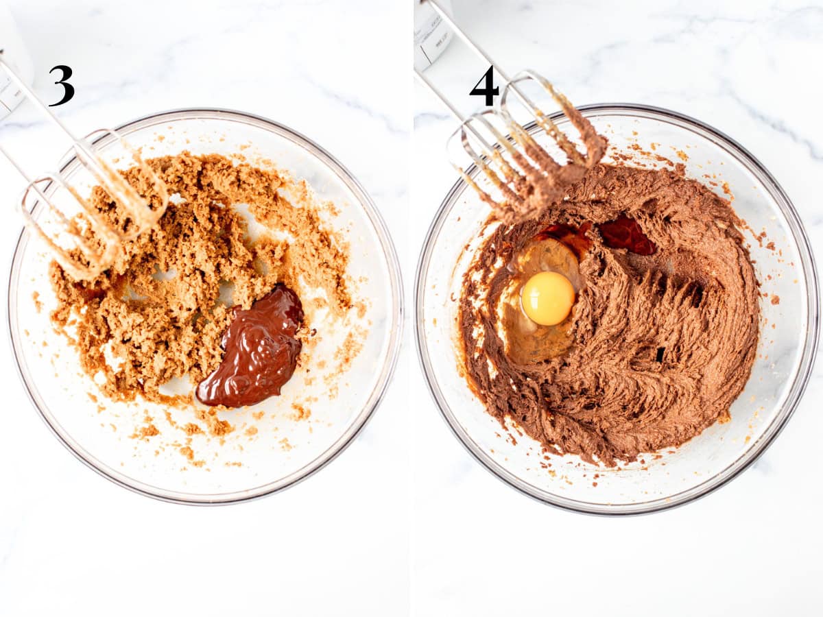 Bowl of creamed butter and sugar with melted chocolate added to the bowl and bowl of butter, sugar and melted chocolate mixture with egg and vanilla added to the bowl. 