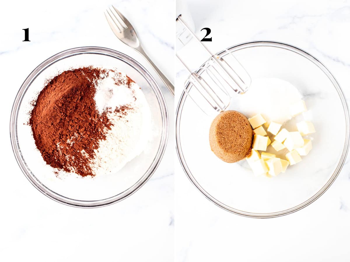 Bowl of dry ingredients and bowl of butter, brown sugar and granulated sugar