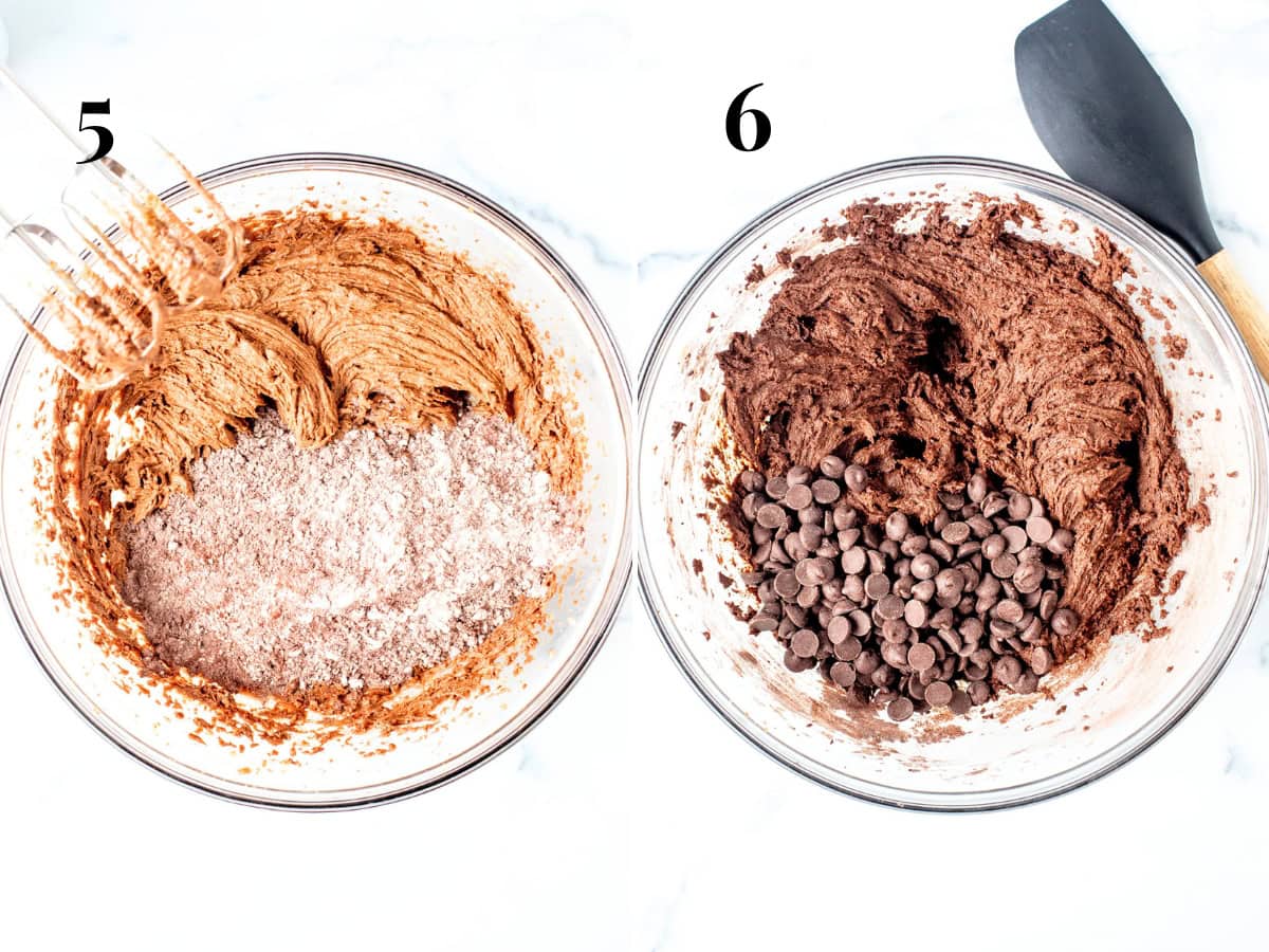 Bowl with dry ingredients added to cookie dough and bowl with chocolate chips added to cookie dough