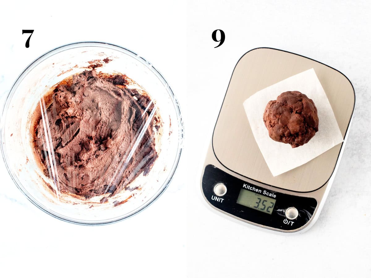 Bowl of chocolate cookie dough covered with plastic and cookie dough ball on a kitchen scale