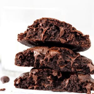 double chocolate cookies broken in half and stacked on top of one another