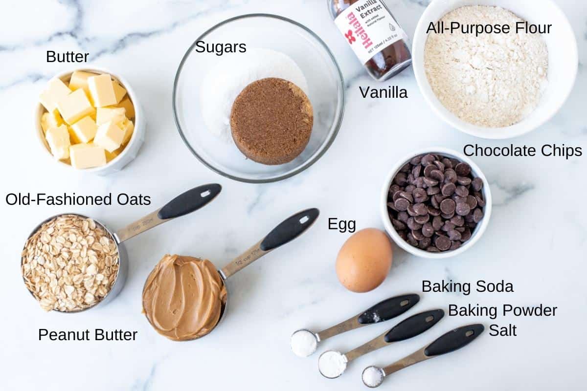 Ingredients for oatmeal peanut butter chocolate chip cookies