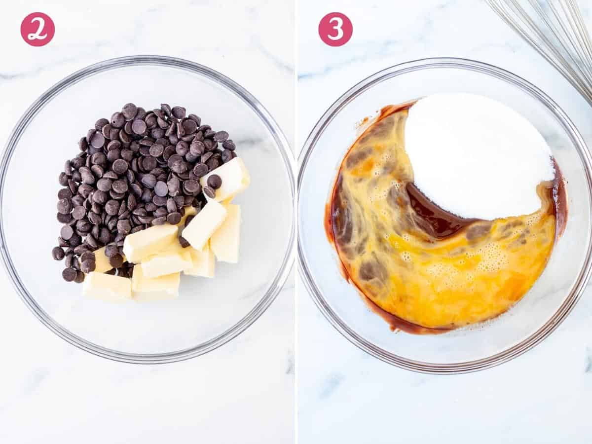 Bowl of chocolate chips and butter and bowl of melted chocolate with eggs and sugar.