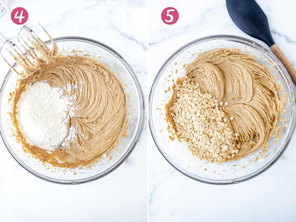 Bowl of cookie dough with flour added and bowl of cookie dough after oats are added.
