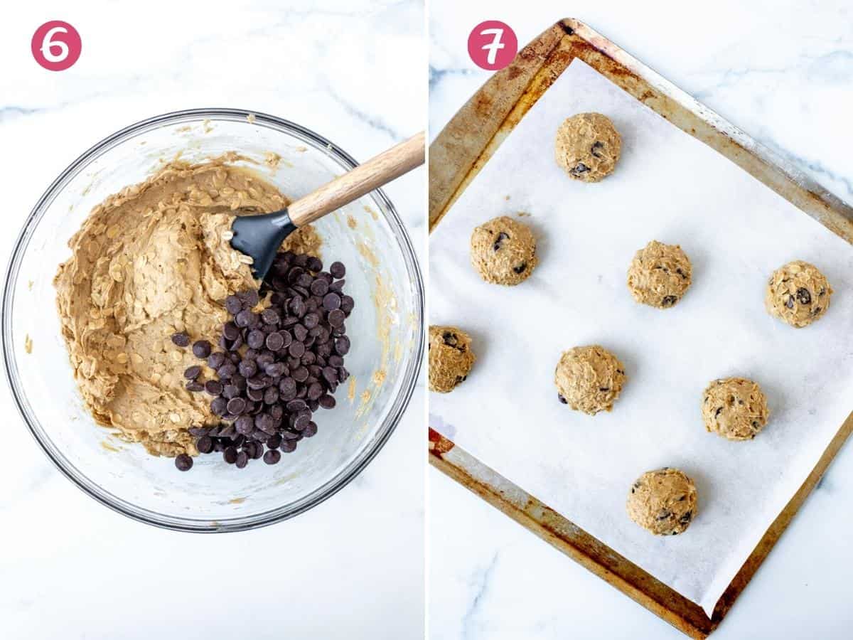Bowl of cookie dough with chocolate chips and cookie dough balls on lined cookie sheets.