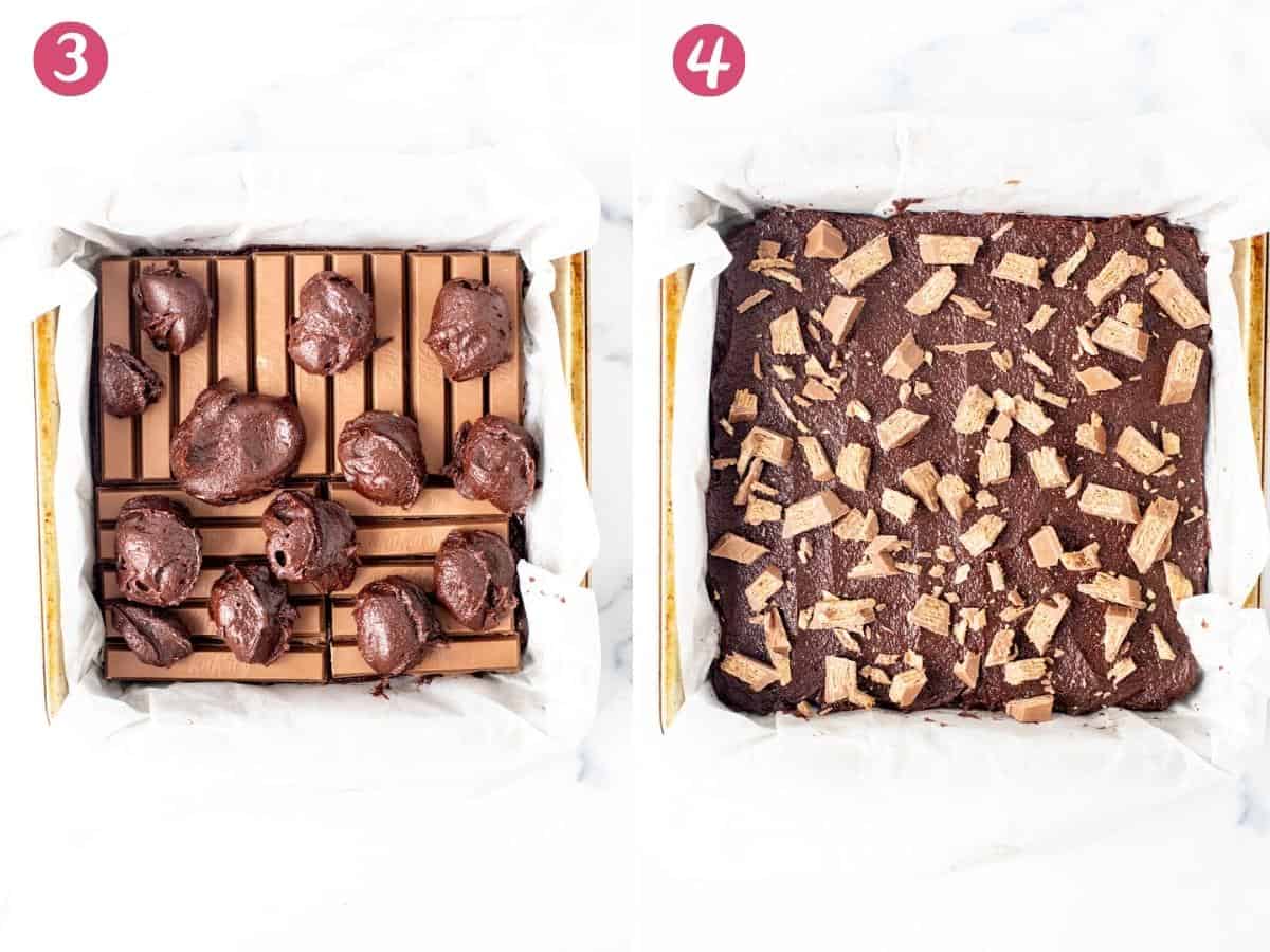 2 photos showing how to assemble Kit Kat brownies