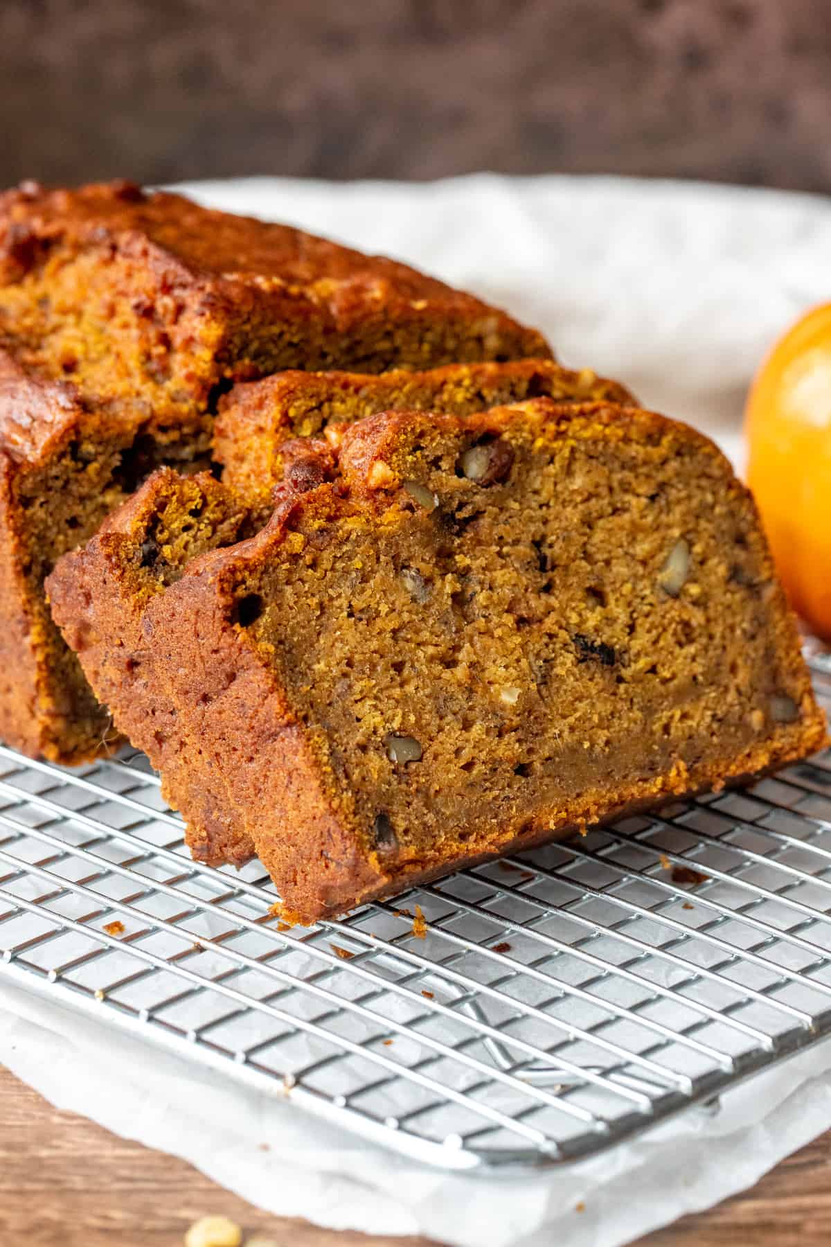 Pumpkin banana loaf, with a few pieces sliced