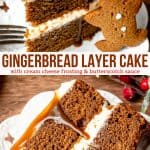 This gingerbread cake has layers of moist gingerbread that's perfectly spiced with hints of brown sugar and molasses. Then it's frosted with cream cheese frosting and a drizzle of butterscotch sauce for the ultimate Christmas dessert. There's no decorating skills required and it looks absolutely beautiful on your holiday table. #gingerbread #cake #layercake #christmascake #creamcheesefrosting #recipe #christmas #holiday #baking from Just So Tasty