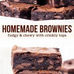These homemade brownies are chewy, fudgy and perfectly chocolatey. They're made from scratch with cocoa powder and other simple pantry ingredients. These brownies have gooey centers and crispy tops, then they're filled with chocolate chips. #brownies #chewy #homemade #chocolatechips #fudgy #recipe from Just So Tasty