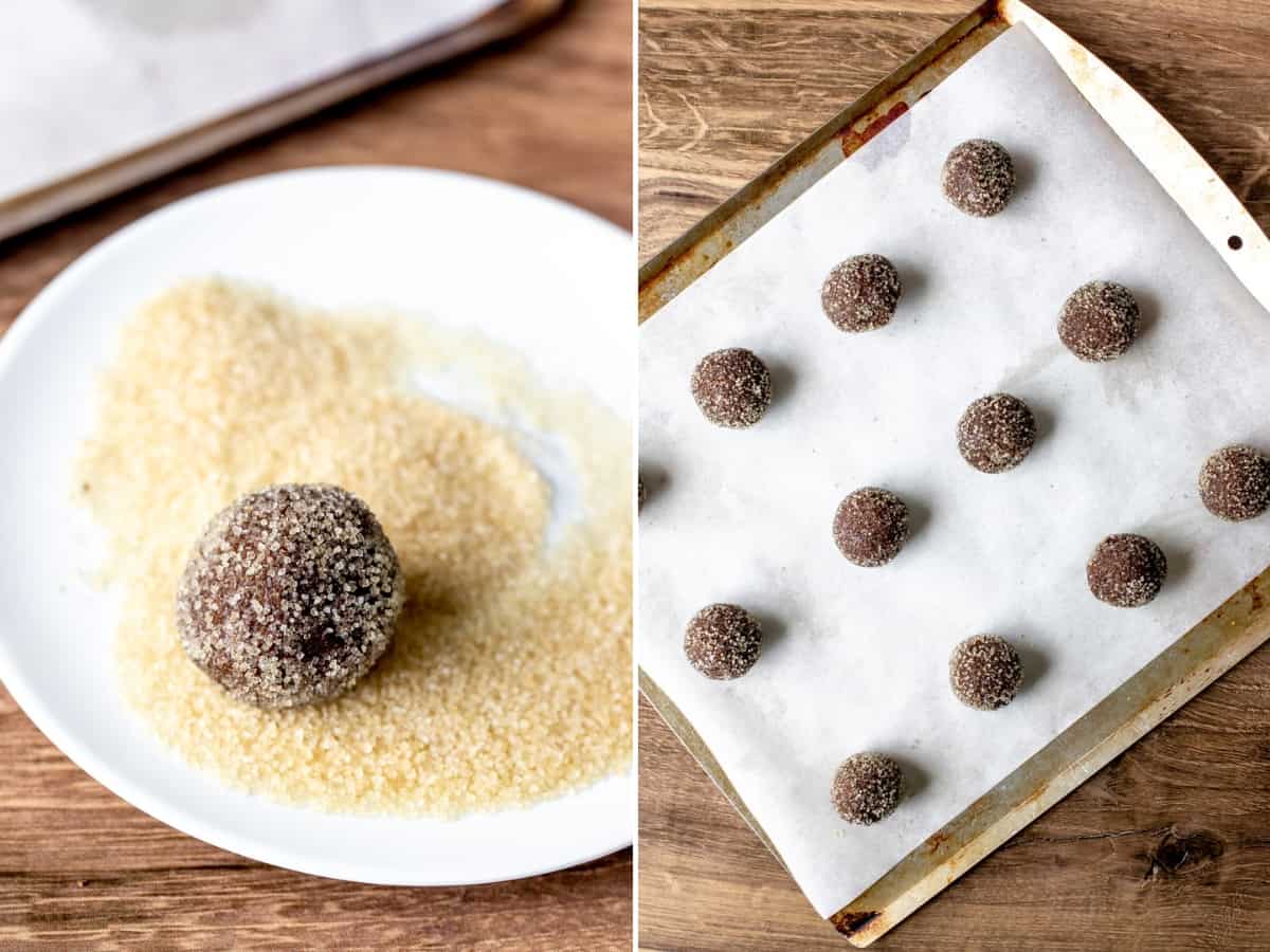 Cookie dough ball rolled in sugar on a plate and dough balls on a lined cookie sheet. 
